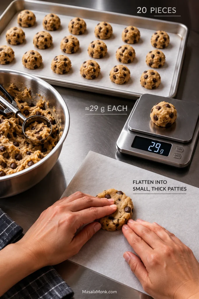 Twenty cookie dough portions total: 18 on a tray, one 29-gram portion on a scale, and one portion being flattened by hand.