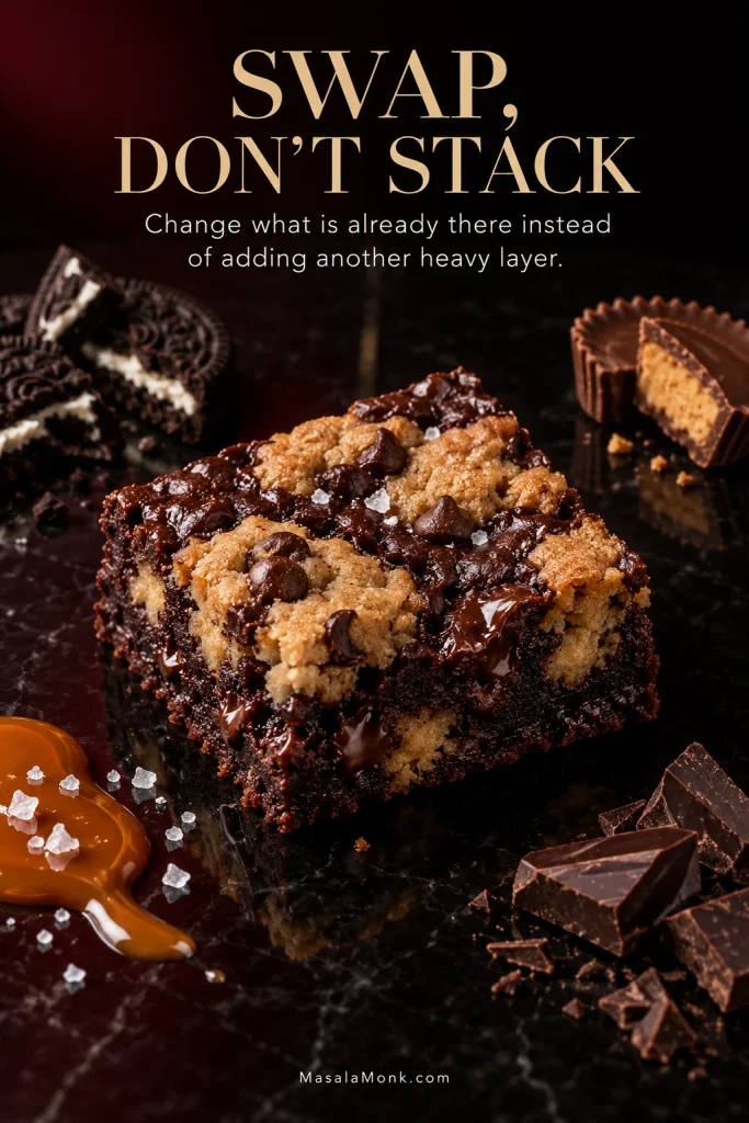 A Brookie surrounded by Oreo pieces, peanut butter cups, caramel with flaky salt and chopped chocolate on a dark red and black surface.