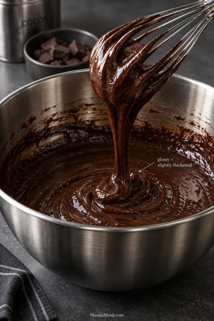Glossy chocolate brownie batter falling in a thick ribbon from a whisk into a stainless-steel bowl.