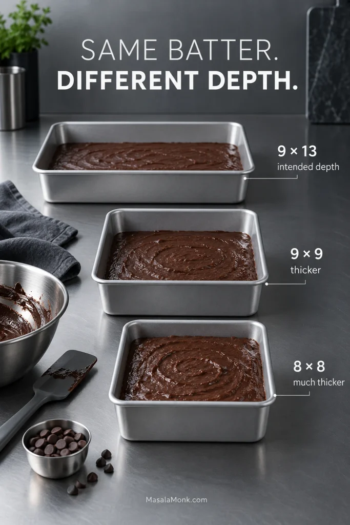 Three light metal pans labeled 9 by 13, 9 by 9 and 8 by 8, illustrating progressively greater batter depth as the pan gets smaller.