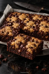 A cut Brookie with golden chocolate chip cookie patches, dark fudgy brownie and melted chocolate visible through the center.