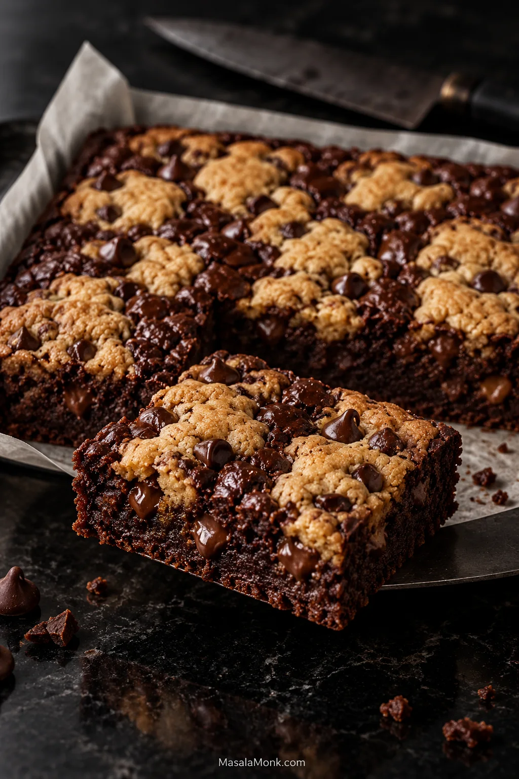 A cut Brookie with golden chocolate chip cookie patches, dark fudgy brownie and melted chocolate visible through the center.