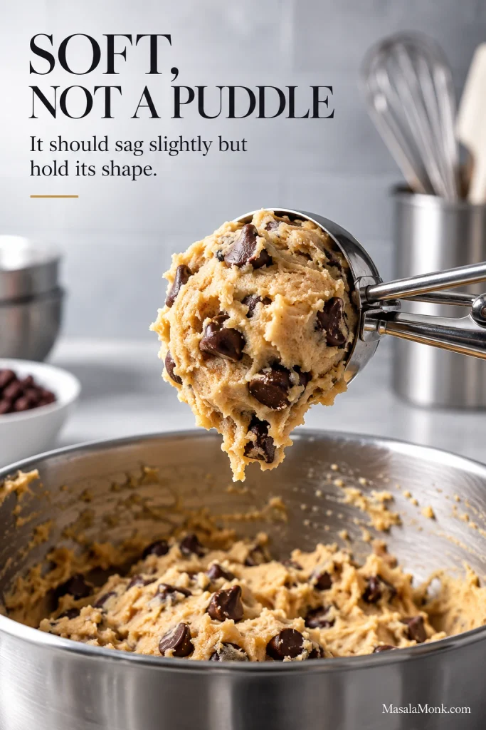 A scoop of soft chocolate chip cookie dough holding a rounded mound above a mixing bowl.