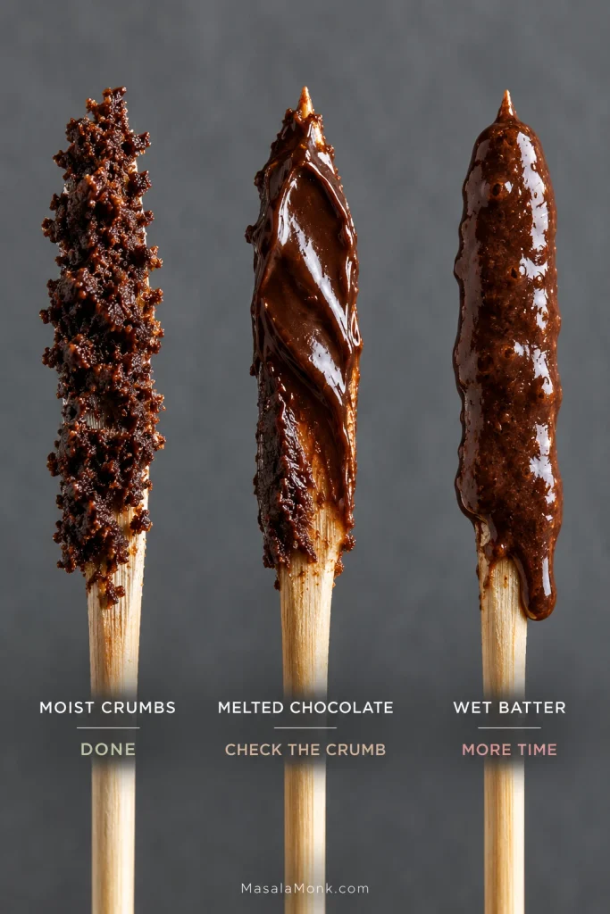 Three wooden testers showing moist brownie crumbs, a smooth melted chocolate coating and wet brownie batter.