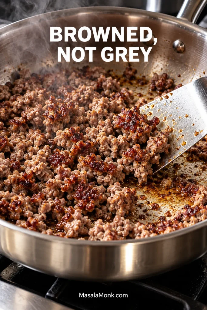 Ground lamb with caramelised brown patches cooking in a stainless-steel pan while a metal spatula turns the crumbles.