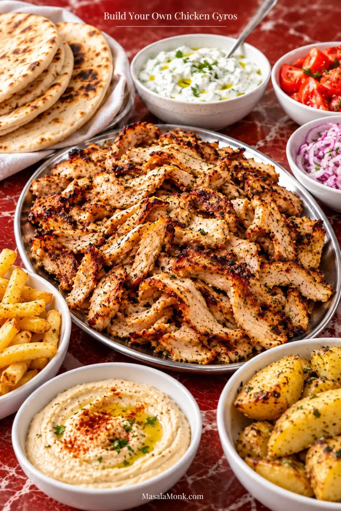 Build-your-own chicken gyro spread with shaved chicken, pita, tzatziki, tomato, red onion, fries, hummus and lemon potatoes.