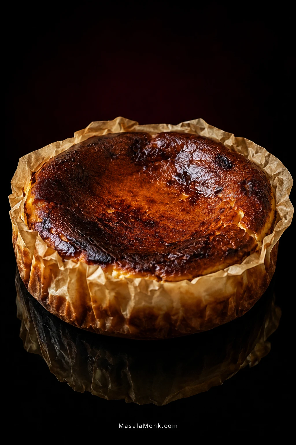 Whole burnt Basque cheesecake in crinkled parchment on a dark reflective surface, with a blistered mahogany top and sunken center.