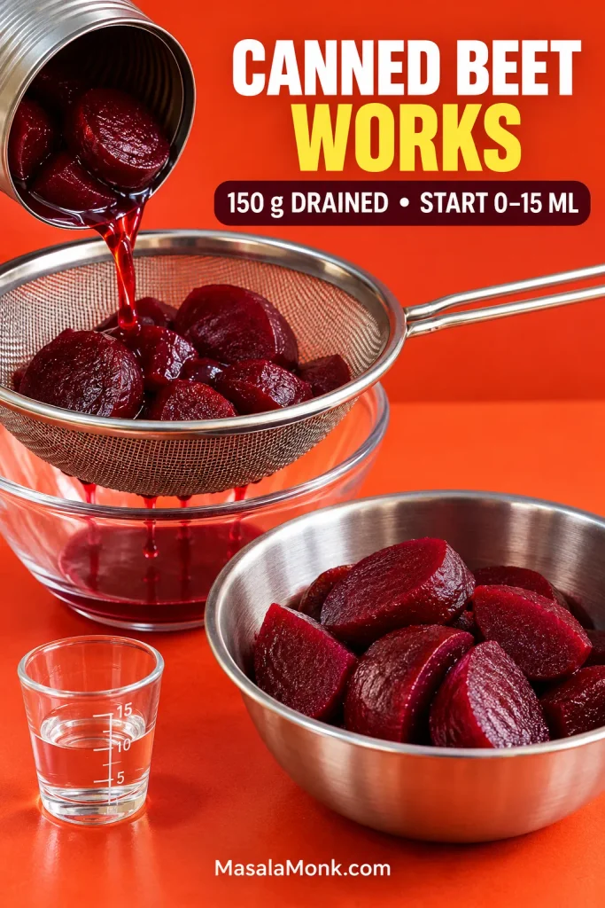 Plain canned red beets draining through a stainless sieve beside drained beet pieces and a small 0–15 ml water measure.