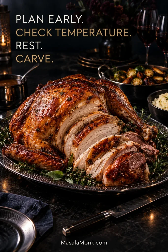 Partially carved golden-brown roast turkey on a silver platter with juicy breast slices and dark meat, beside serving dishes on a dark dinner table.