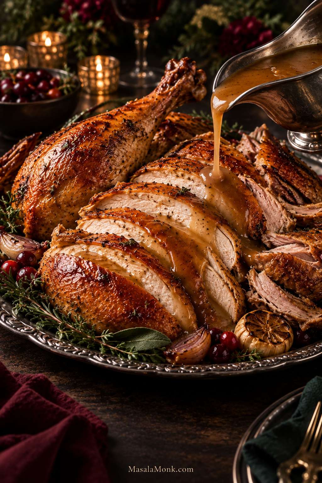 Close-up platter of carved roast turkey with crisp browned skin, moist sliced breast meat, dark meat, and glossy brown gravy being poured over the slices.