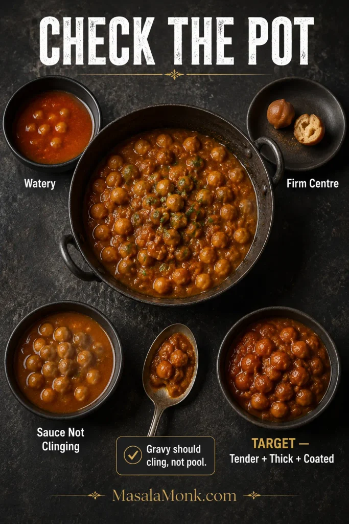 Overhead chole troubleshooting display comparing watery gravy, a split firm chickpea, sauce that does not cling and thick gravy coating tender chickpeas.