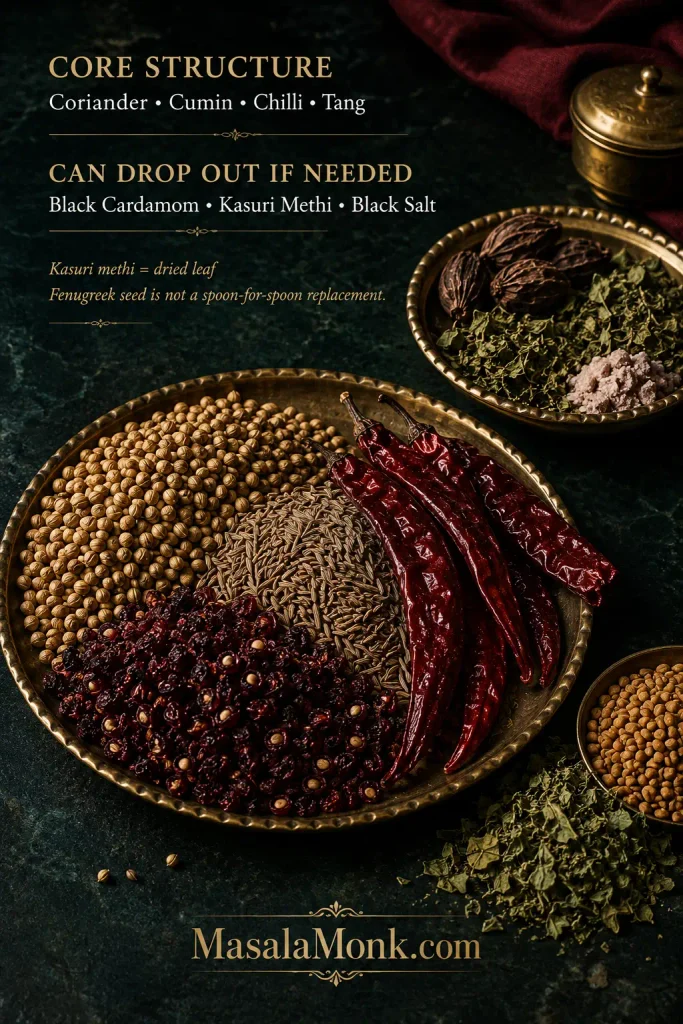Large tray of coriander, cumin, dried red chillies and anardana beside a smaller dish containing black cardamom, kasuri methi and black salt.
