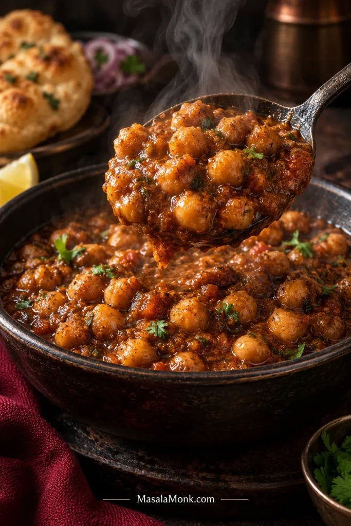 Large spoon lifting steaming chickpeas coated in thick reddish-brown gravy from a dark bowl of chole.