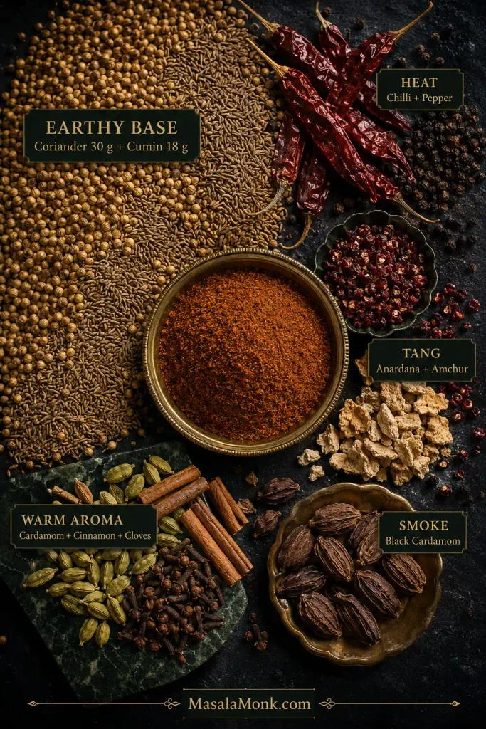 Overhead spice arrangement showing coriander and cumin as the largest group, with separate chilli, tangy spices, warm aromatics and black cardamom around a bowl of chana masala powder.