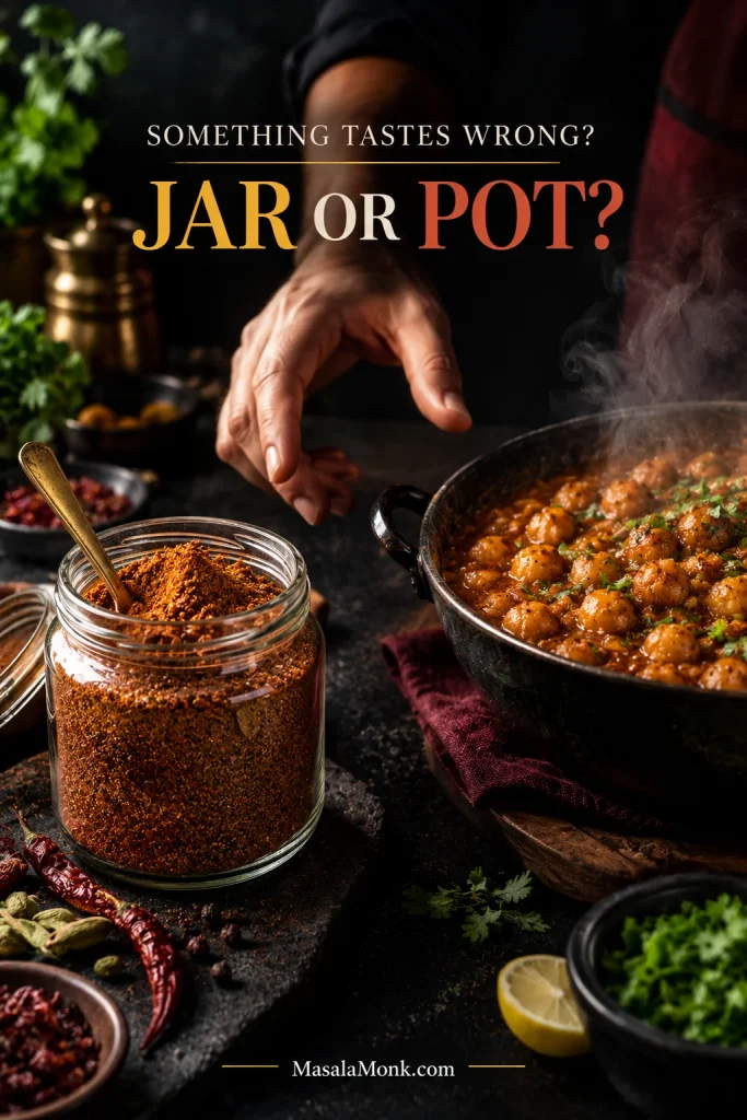 Hand hovering between an open jar of chana masala powder and a steaming pan of chole beneath the words “Something tastes wrong? Jar or pot?”