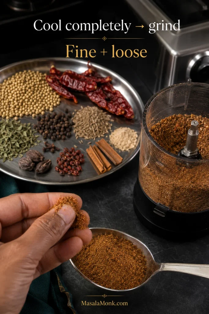 Roasted whole spices beside a grinder, with fingers rubbing a pinch of finely ground chana masala powder over a spoon.