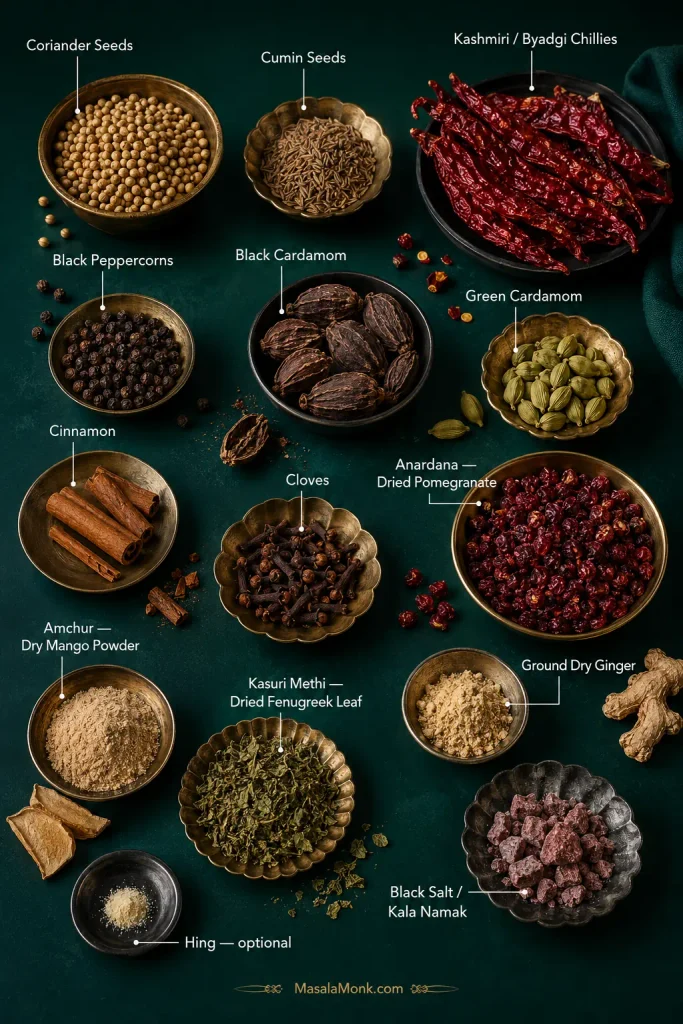 Overhead arrangement of coriander, cumin, dried red chillies, peppercorns, cardamom, cinnamon, cloves, anardana, amchur, kasuri methi, dry ginger, black salt and hing.