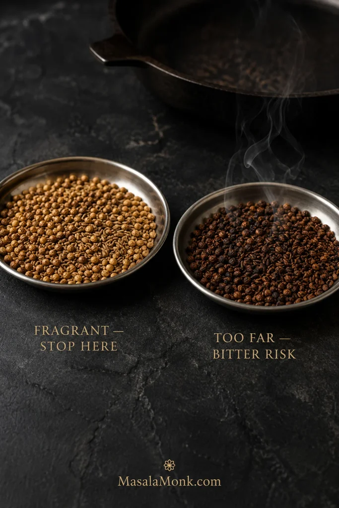 Two steel dishes compare lightly toasted coriander and cumin with much darker over-roasted spices, with smoke rising from the darker side.