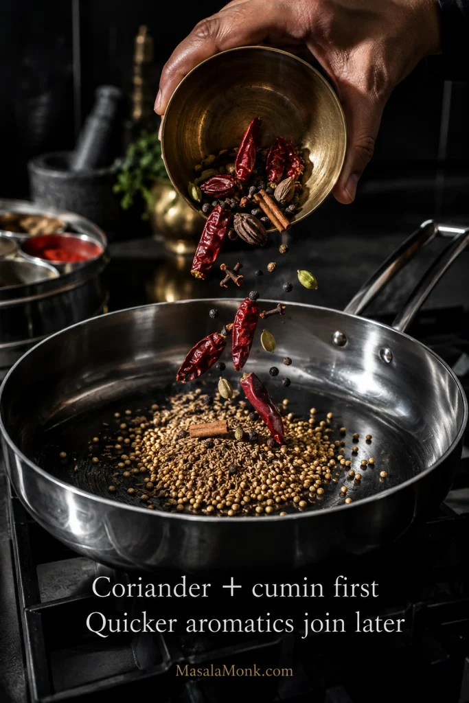 Hand adding dried chillies, peppercorns, cardamom, cinnamon and cloves to a pan that already contains coriander and cumin seeds.