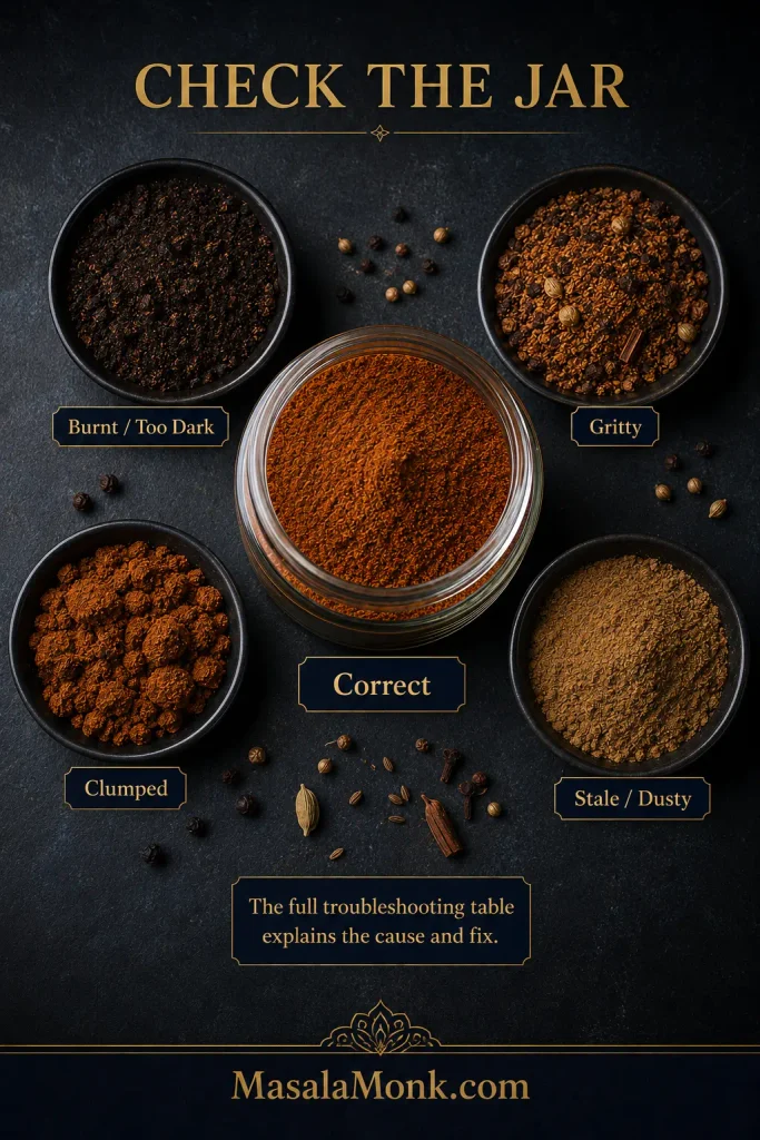 Overhead comparison of correct chana masala powder with separate burnt, gritty, clumped and faded stale-looking spice samples.