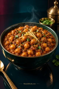 Punjabi-style chana masala with plump chickpeas coated in thick reddish-brown onion-tomato gravy, lightly garnished with coriander.