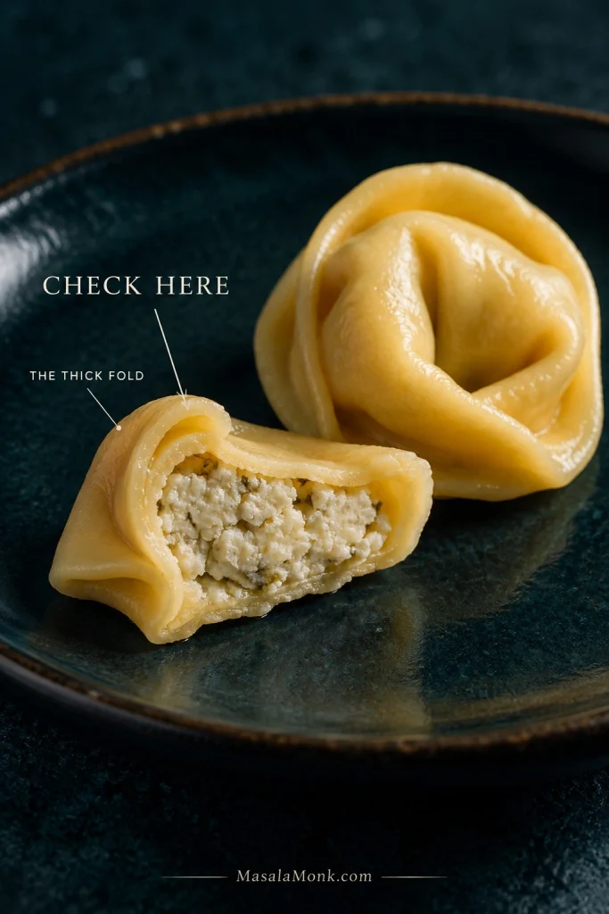 One cheese tortellini cut open to show the filling and thick folded seam, with an arrow pointing to the seam and text “Check Here — The Thick Fold.”