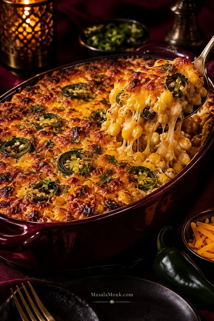 Cheddar jalapeño corn casserole with a browned cheesy top, visible corn kernels and sliced green jalapeño.