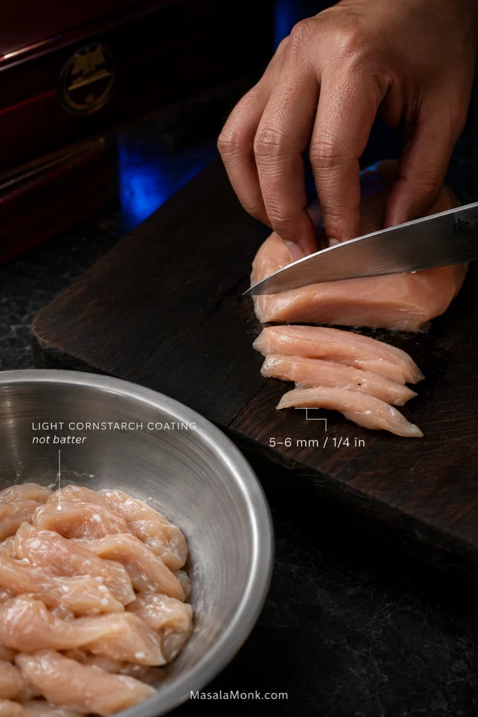 Thin strips of raw chicken being sliced for chow mein beside a small bowl of marinade on a dark kitchen work surface.