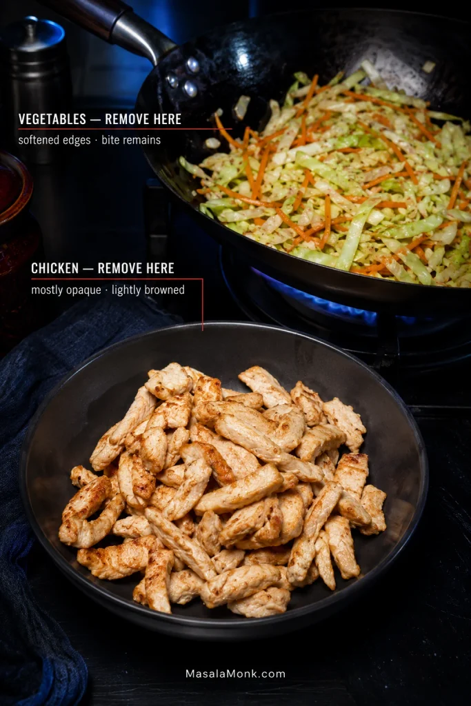 Lightly browned chicken strips and briefly stir-fried cabbage, carrots and other vegetables in a hot wok, with the vegetables still bright and structured.