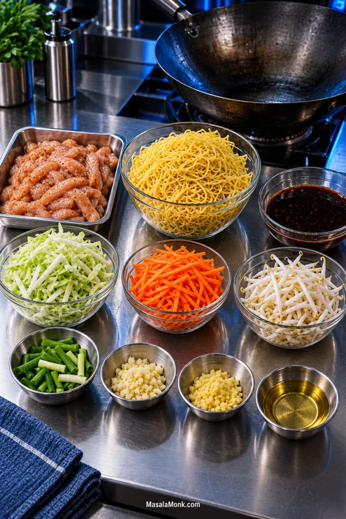 Prepared chicken chow mein ingredients beside an empty wok, including marinated chicken, noodles, sauce, cabbage, carrots, bean sprouts, scallions, garlic, ginger and cooking oil.