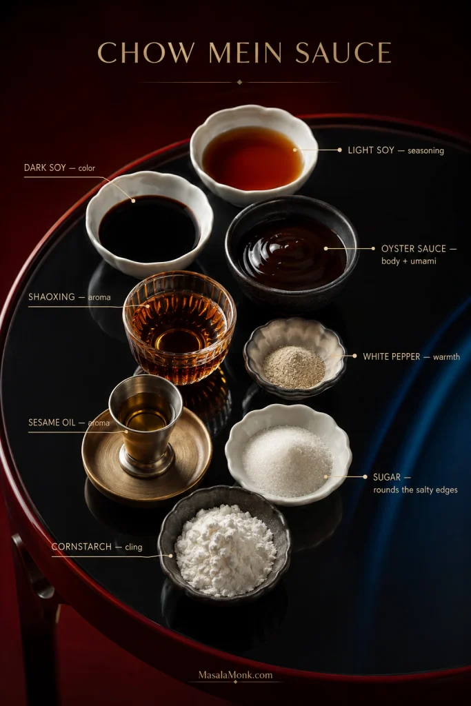 Measured ingredients for homemade chow mein sauce arranged in small bowls and vessels, including soy-based sauces, seasonings and liquid ingredients.