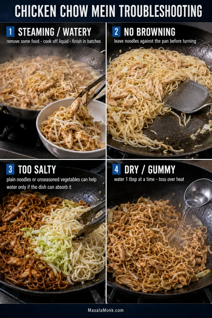 Four troubleshooting scenes show watery steaming chow mein with food being removed, pale noodles resting against the pan, plain noodles and cabbage added to an overly seasoned batch, and water added to dry clumped noodles.