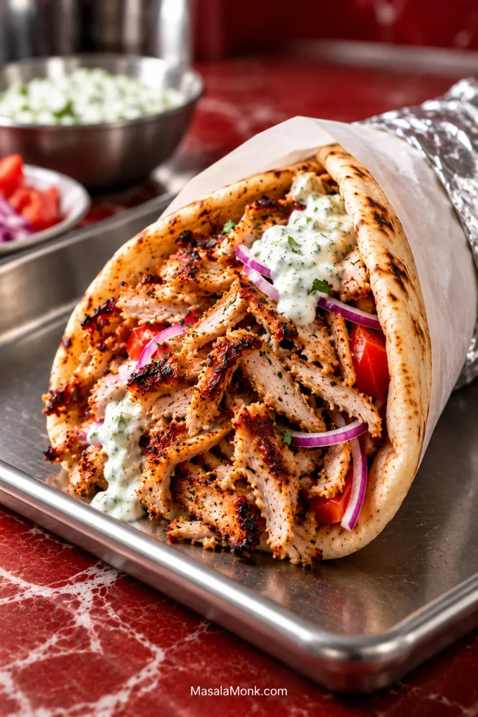 Finished chicken gyro on a stainless tray with browned shaved chicken, tzatziki, tomato and red onion in folded pita.