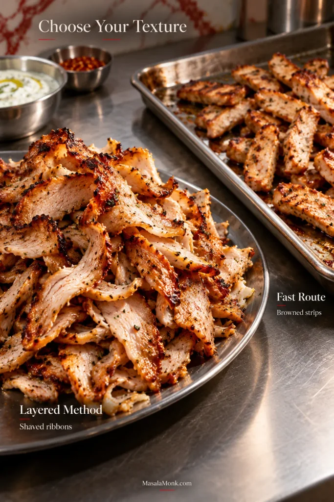 Thin shaved chicken from the layered gyro method beside thicker browned chicken strips cooked on a sheet pan.