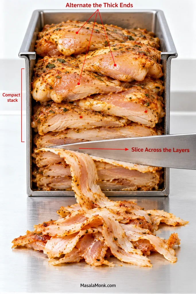 Technical view of whole chicken thighs layered in a loaf pan with alternating thick ends and a knife cutting across several layers.