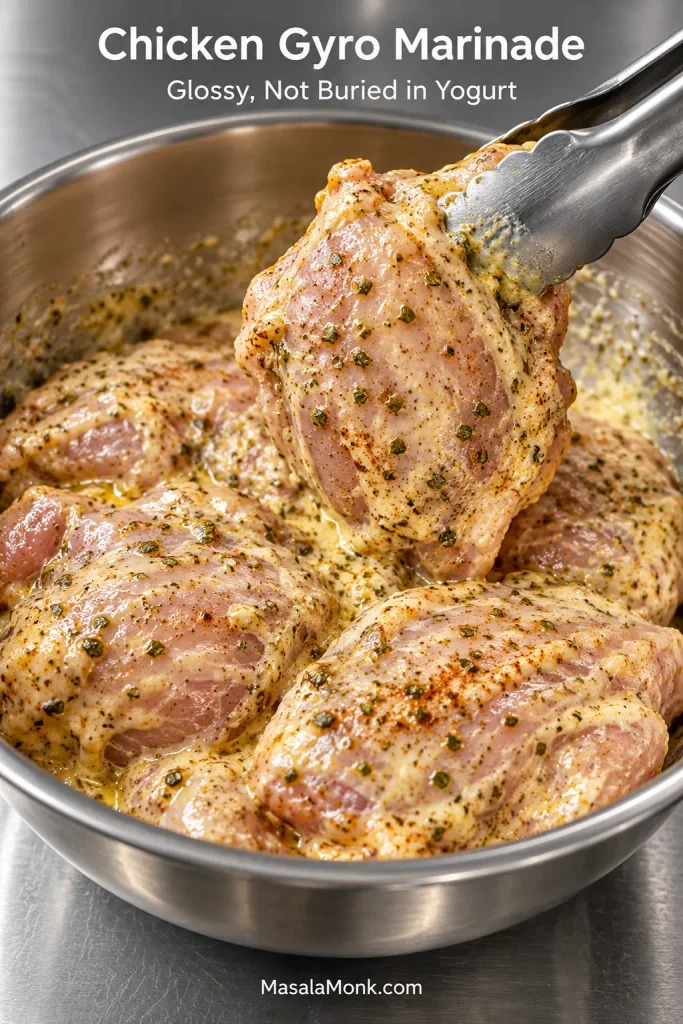 Whole raw chicken thighs lightly coated with a glossy yogurt, oregano and paprika marinade in a stainless bowl.
