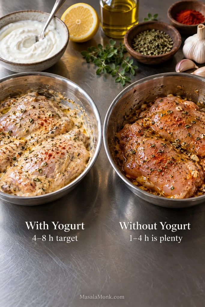 Two bowls of raw chicken thighs, one with a lightly creamy yogurt marinade and one with a clear oil, lemon and herb marinade.