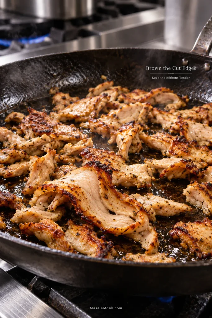 Thin shaved chicken gyro meat browning in a dark skillet with golden edges, crisp tips and moist lighter interiors.
