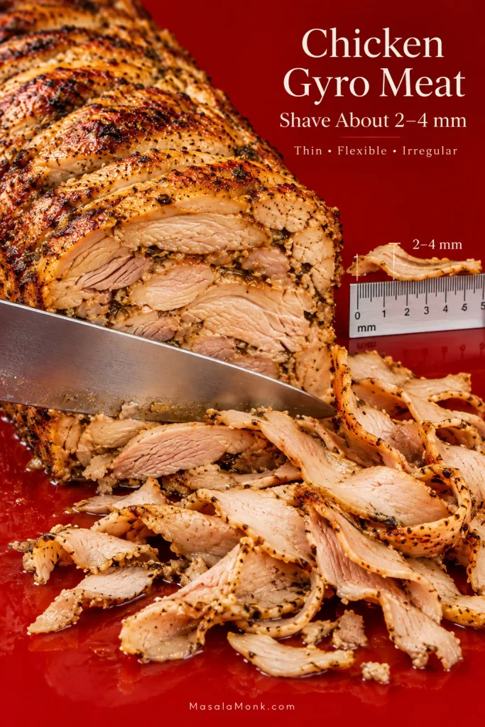 Layered cooked chicken being sliced crosswise into thin irregular pieces beside a 2 to 4 millimeter measurement guide.