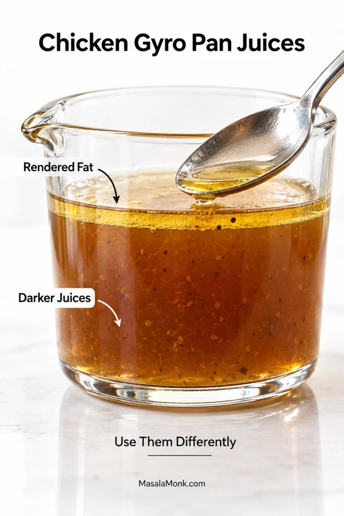 Heatproof glass container holding darker roasted chicken juices with a thin clear golden layer of rendered fat above them.