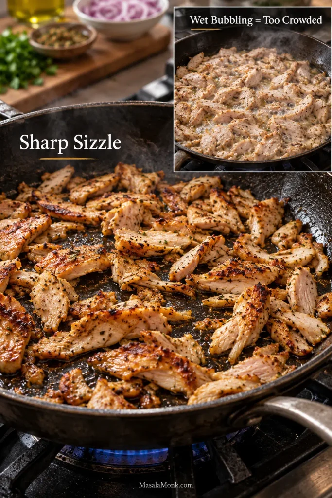 Spaced browned chicken pieces in a hot skillet compared with crowded pale chicken bubbling in released liquid.