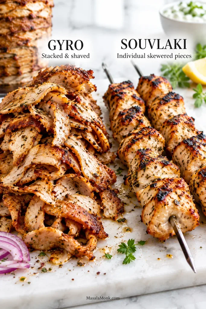 Thin shaved chicken gyro meat beside larger grilled chicken pieces threaded onto metal souvlaki skewers.