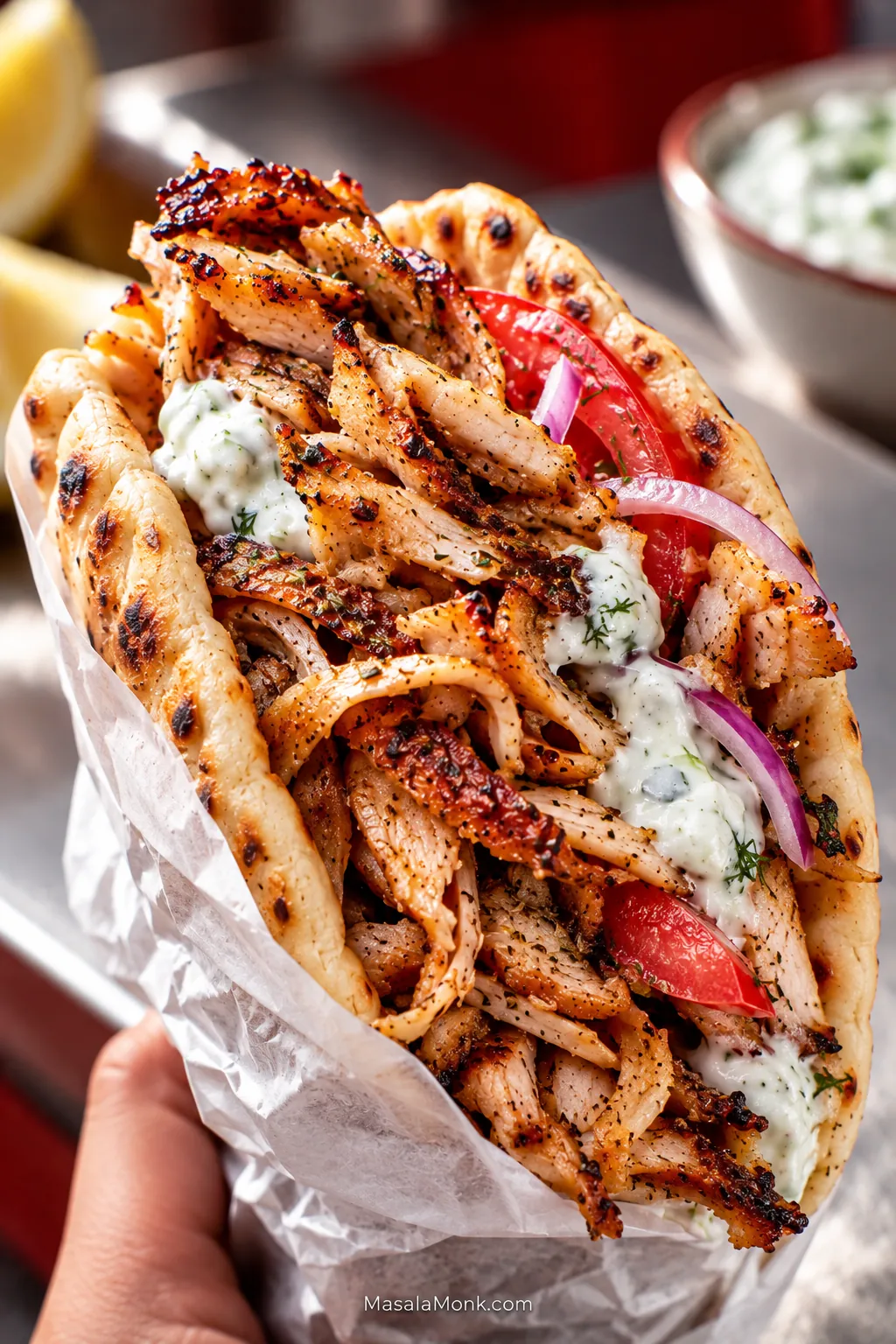 Hand-held chicken gyro filled with thin browned chicken thigh pieces, tzatziki, tomato and red onion in soft pita.