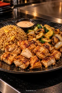 Finished chicken hibachi dinner with browned chicken pieces, fried rice, sautéed zucchini, mushrooms and onion, plus a small bowl of pale pink Yum Yum Sauce.