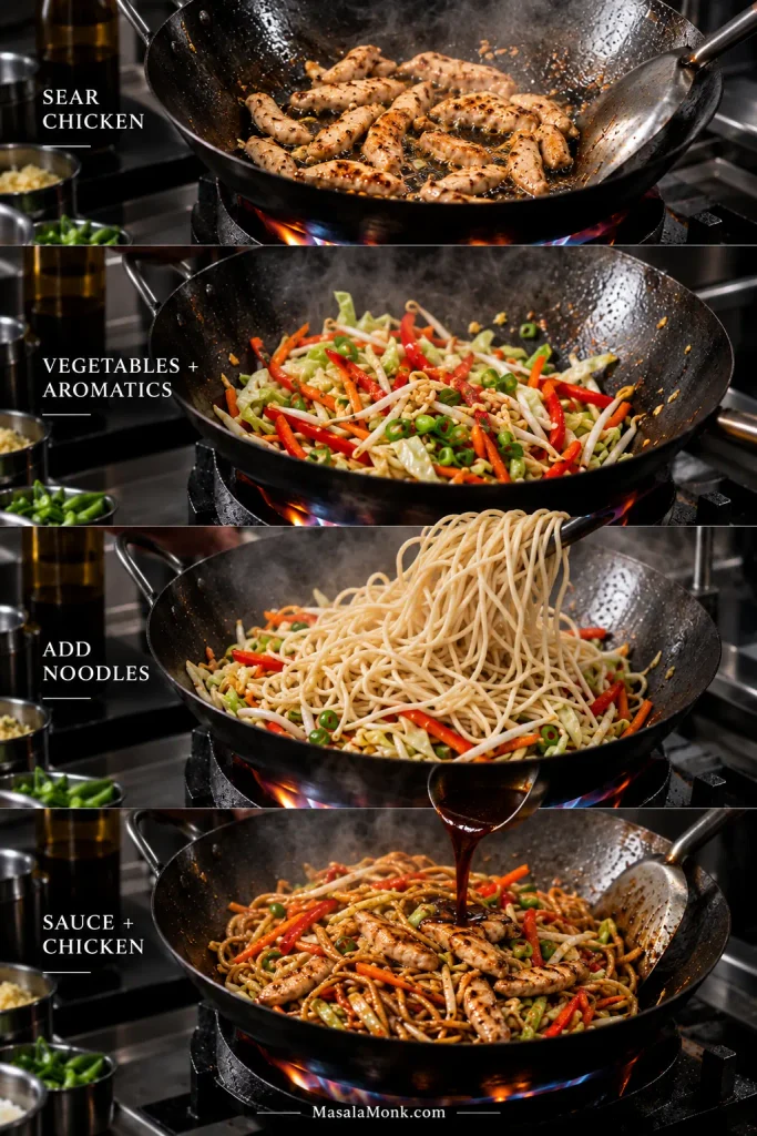 Four-stage wok sequence showing sliced chicken searing, vegetables and aromatics cooking, pale drained noodles being added, then sauce and chicken tossed through the noodles.