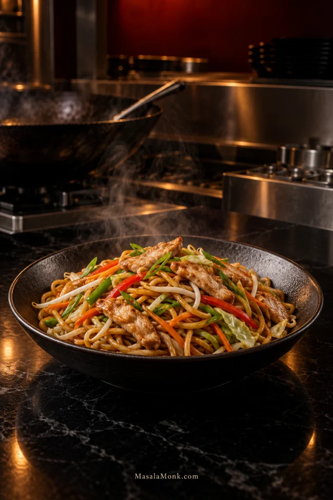 Finished chicken lo mein in a dark bowl on polished black stone, gently steaming in front of a wok and stainless-steel equipment in a dim professional kitchen.