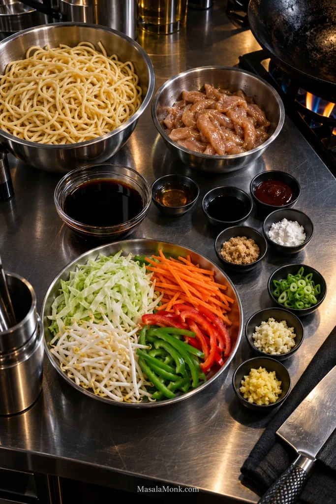 Professional stainless-steel prep station with separate bowls of lo mein noodles, sliced marinated chicken, sauce ingredients, cabbage, carrots, bell pepper, bean sprouts, scallions, garlic and ginger.