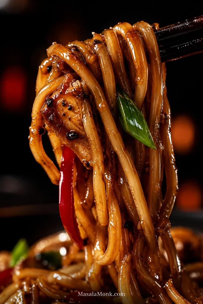 Extreme close-up of glossy brown-sauced lo mein noodles lifted with dark chopsticks beside a browned chicken slice, red pepper and scallion.