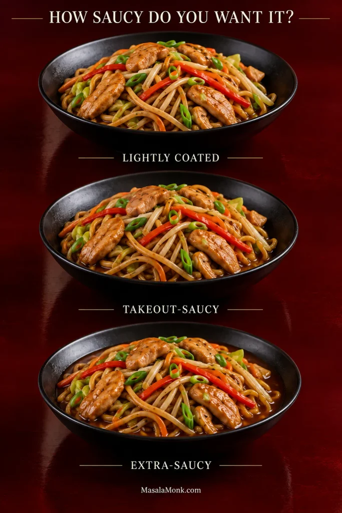 Three matching black bowls compare lightly coated, takeout-saucy and extra-saucy chicken lo mein against a dark red background.