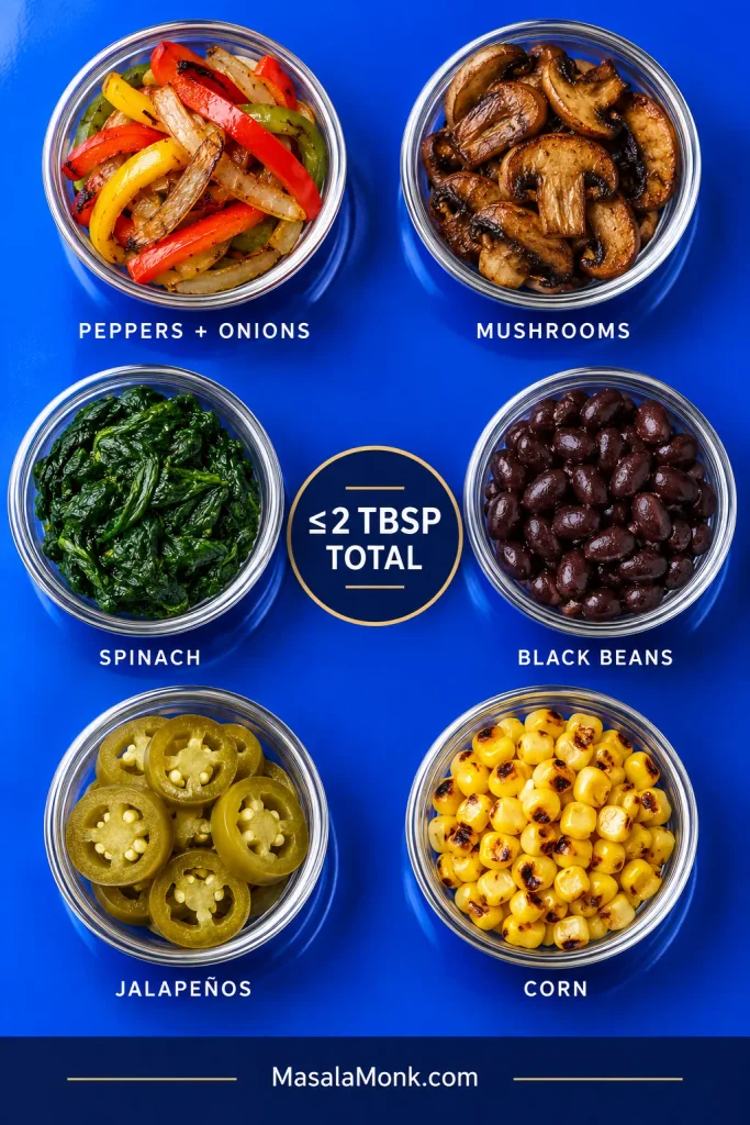 Six bowls of prepared quesadilla add-ins: sautéed peppers and onions, browned mushrooms, squeezed spinach, dry black beans, drained jalapeños and charred corn, with a note to use no more than 2 tablespoons total.